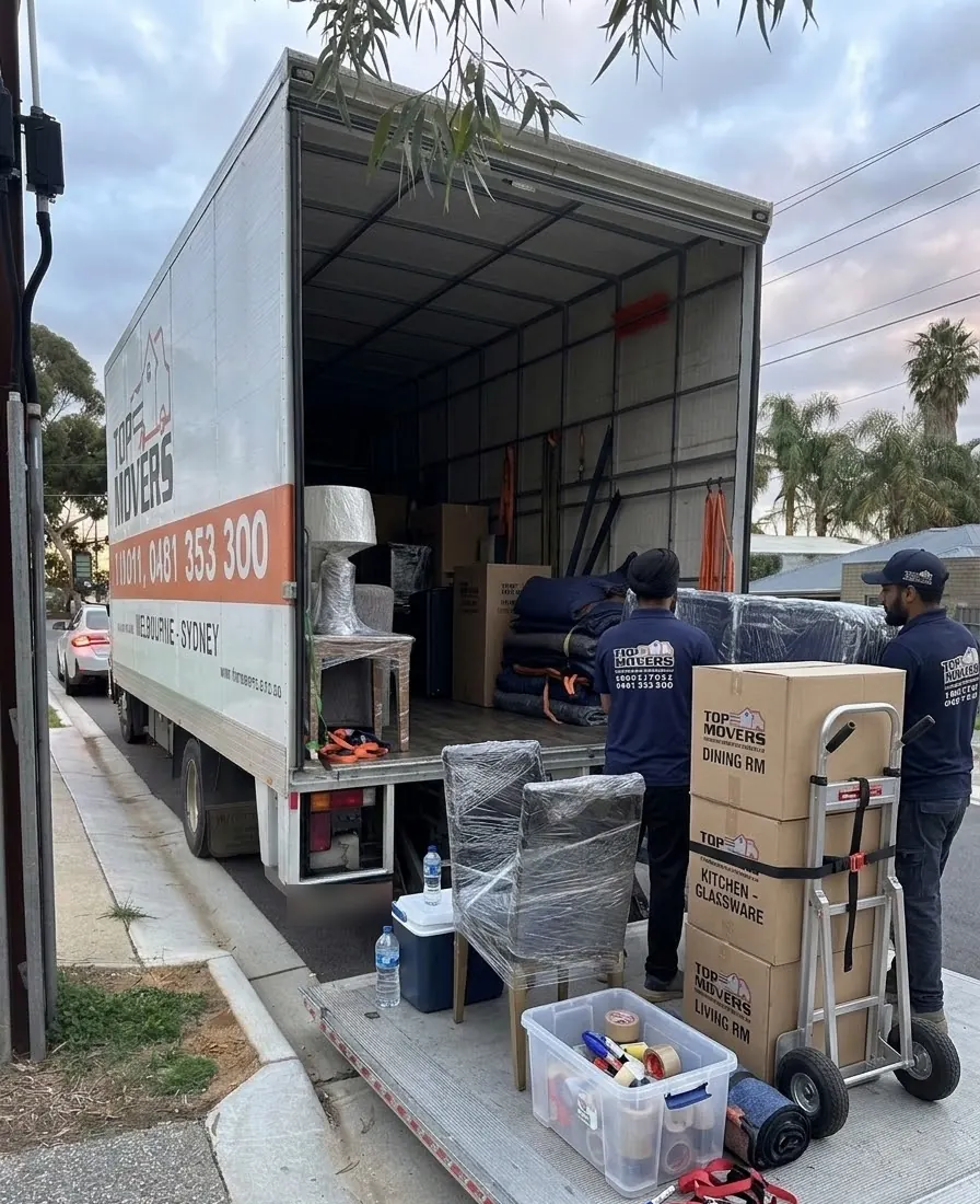 Top Movers Adelaide crew loading wrapped chairs, boxes and furniture onto the truck