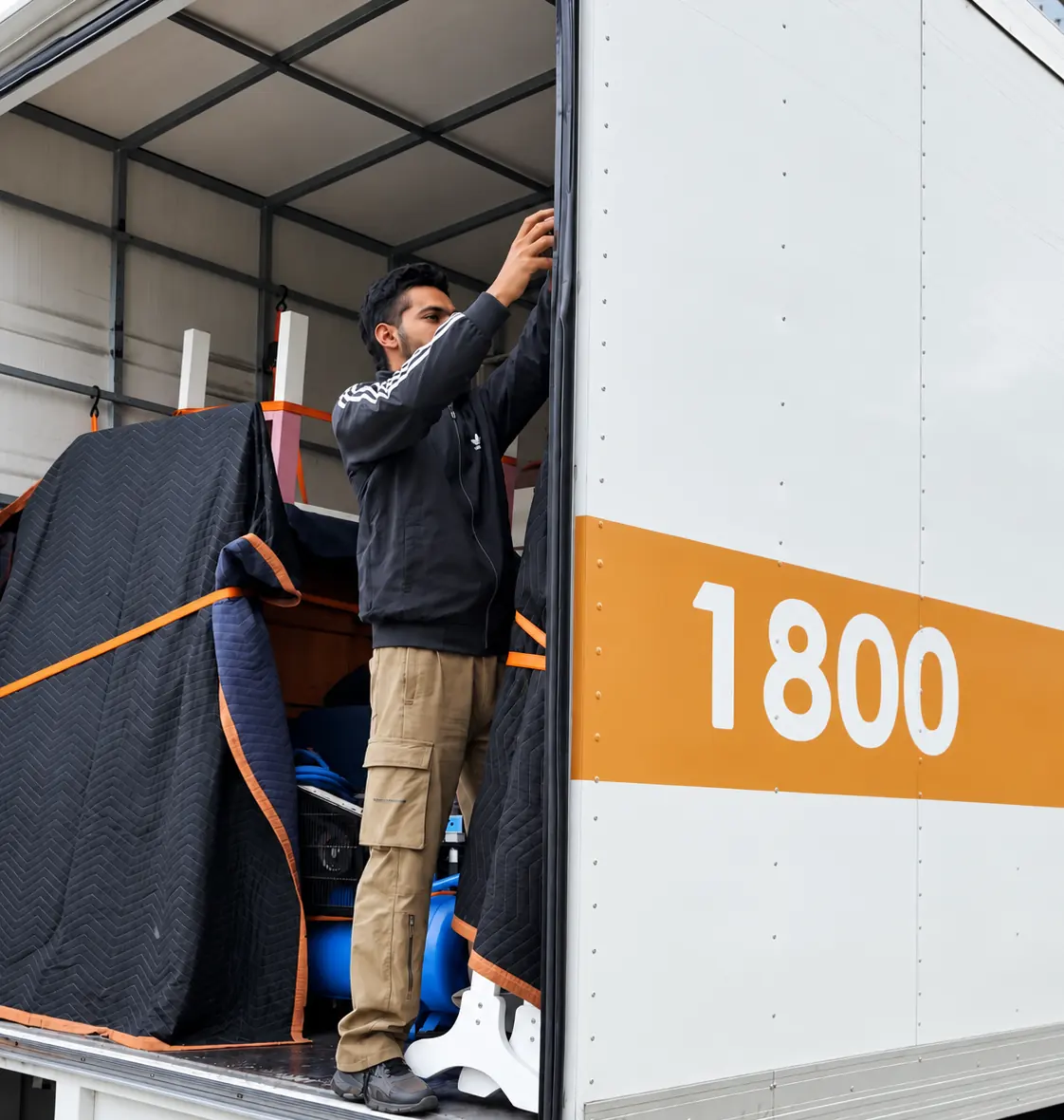 Top Movers Adelaide mover strapping blanket-wrapped furniture inside the truck