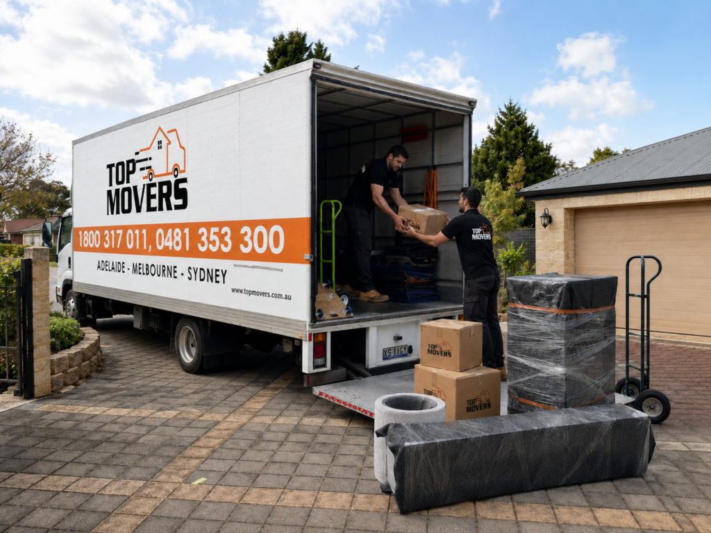 Top Movers Adelaide team loading furniture into a moving truck at a suburban home in Adelaide