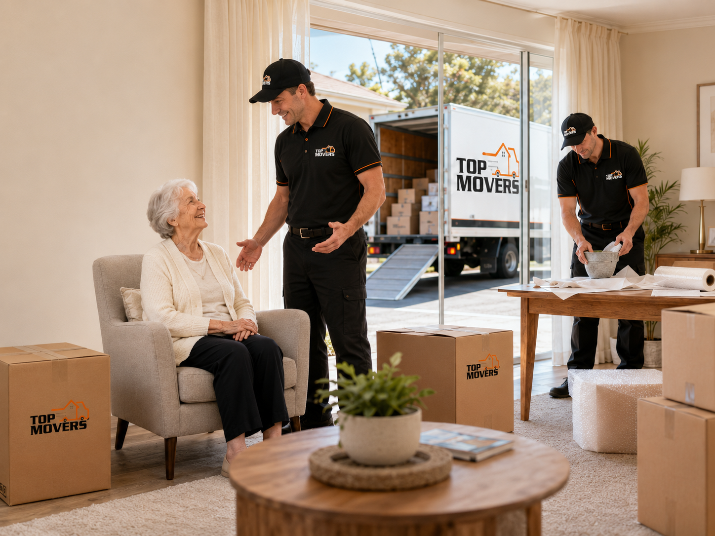 Top Movers Adelaide team helping with a senior move while an elderly customer sits comfortably inside the home